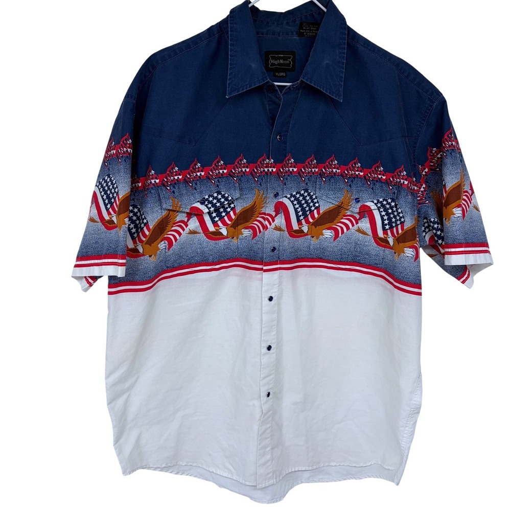 Vintage High Noon Short‎ Sleeve Pearl Snap Western Shirt XL Flag Eagle Patriotic